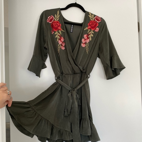 Silk Olive Green Romper with Flower Details - Picture 4 of 7